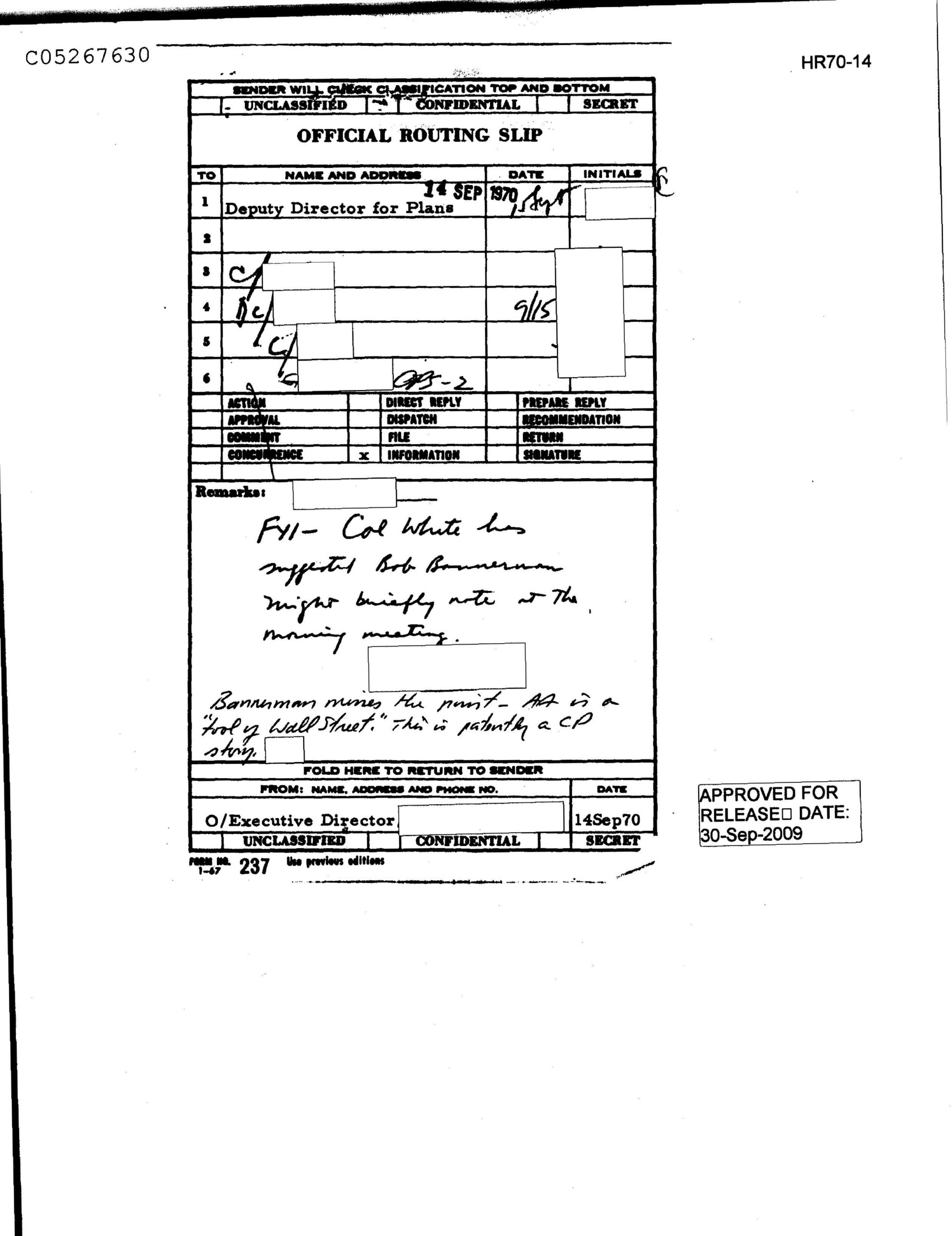 Official Internal CIA Routing Slip from seized 1970 article